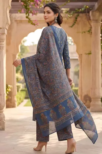 Blue floral printed straight kurta set for women