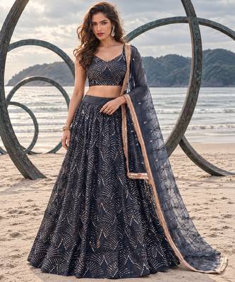 NAVY BLUE NET THREAD WITH ZARI AND SEQUINCE WORK FESTIVE LEHENGA CHOLI SET FOR WOMEN'S 1