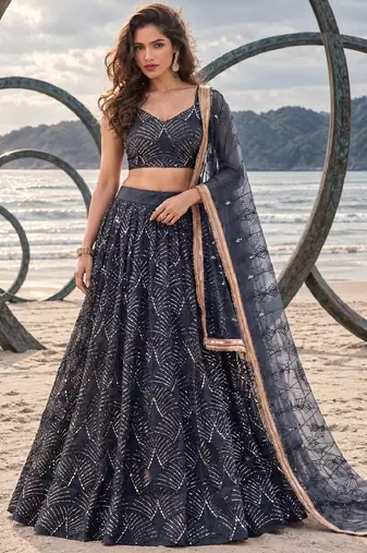 NAVY BLUE NET THREAD WITH ZARI AND SEQUINCE WORK FESTIVE LEHENGA CHOLI SET FOR WOMEN'S