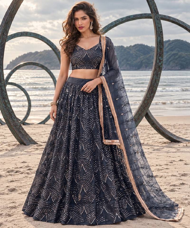 NAVY BLUE NET THREAD WITH ZARI AND SEQUINCE WORK FESTIVE LEHENGA CHOLI SET FOR WOMEN'S