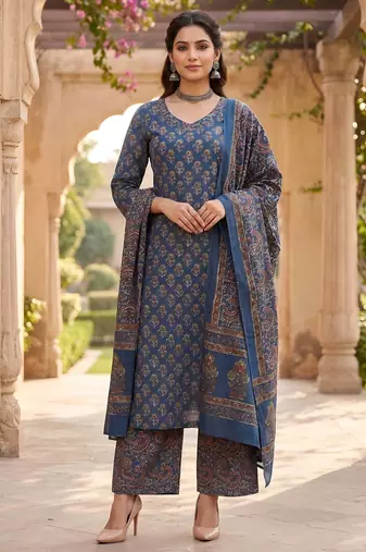 Blue floral printed straight kurta set for women
