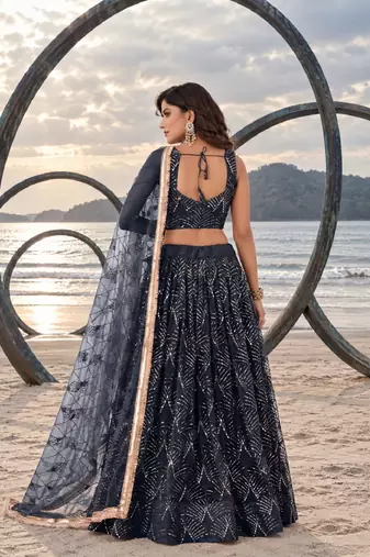 NAVY BLUE NET THREAD WITH ZARI AND SEQUINCE WORK FESTIVE LEHENGA CHOLI SET FOR WOMEN'S