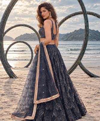 NAVY BLUE NET THREAD WITH ZARI AND SEQUINCE WORK FESTIVE LEHENGA CHOLI SET FOR WOMEN'S 3