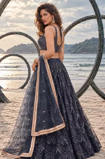 NAVY BLUE NET THREAD WITH ZARI AND SEQUINCE WORK FESTIVE LEHENGA CHOLI SET FOR WOMEN'S