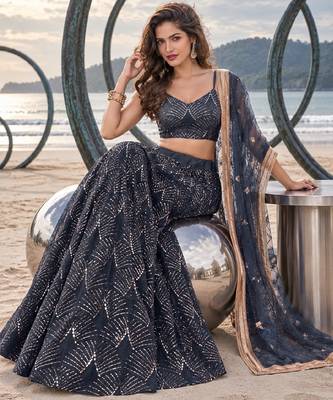 NAVY BLUE NET THREAD WITH ZARI AND SEQUINCE WORK FESTIVE LEHENGA CHOLI SET FOR WOMEN'S 4