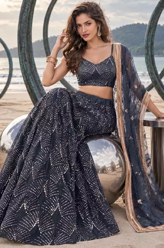 NAVY BLUE NET THREAD WITH ZARI AND SEQUINCE WORK FESTIVE LEHENGA CHOLI SET FOR WOMEN'S