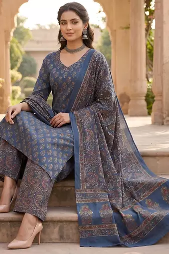 Blue floral printed straight kurta set for women