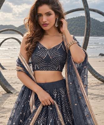 NAVY BLUE NET THREAD WITH ZARI AND SEQUINCE WORK FESTIVE LEHENGA CHOLI SET FOR WOMEN'S 5