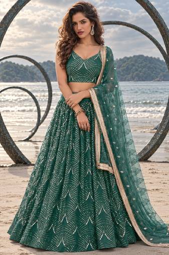 GREEN NET THREAD WITH ZARI AND SEQUIN WORK FESTIVE LEHENGA CHOLI