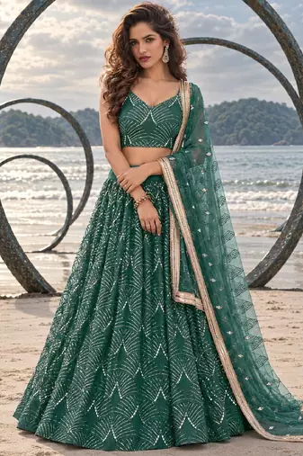 GREEN NET THREAD WITH ZARI AND SEQUINCE WORK FESTIVE LEHENGA CHOLI SET FOR WOMEN'S