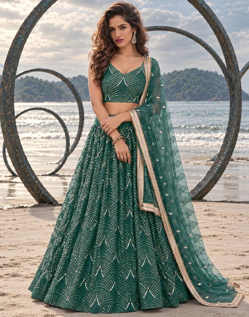 GREEN NET THREAD WITH ZARI AND SEQUINCE WORK FESTIVE LEHENGA CHOLI SET FOR WOMEN'S