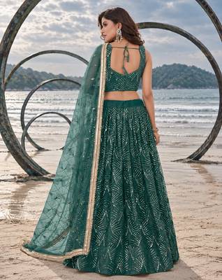 GREEN NET THREAD WITH ZARI AND SEQUINCE WORK FESTIVE LEHENGA CHOLI SET FOR WOMEN'S 2