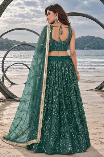 GREEN NET THREAD WITH ZARI AND SEQUINCE WORK FESTIVE LEHENGA CHOLI SET FOR WOMEN'S