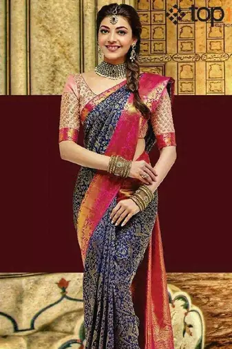 Blue pink silk blend jacuard work festival saree with unstitched blouse piece