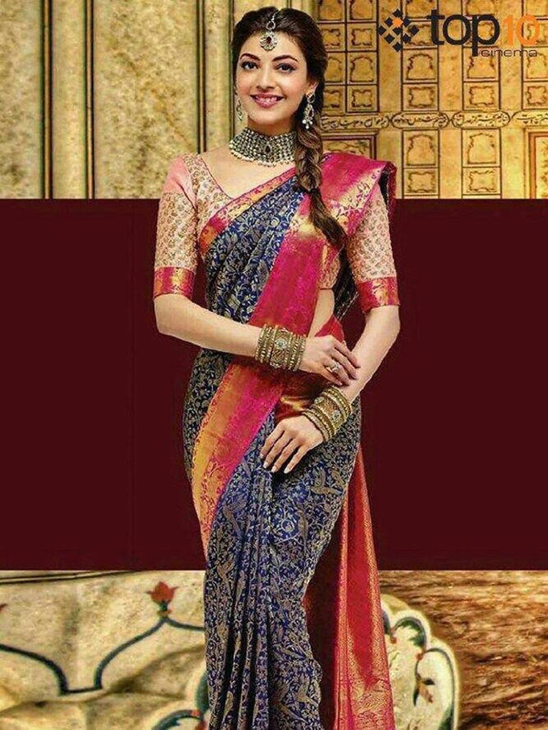Blue pink silk blend jacuard work festival saree with unstitched blouse piece