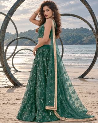 GREEN NET THREAD WITH ZARI AND SEQUINCE WORK FESTIVE LEHENGA CHOLI SET FOR WOMEN'S 3