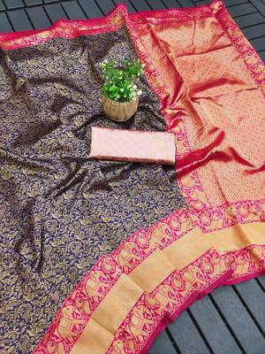 Blue pink silk blend jacuard work festival saree with unstitched blouse piece 1