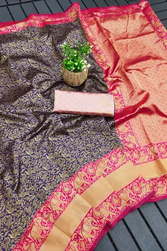 Blue pink silk blend jacuard work festival saree with unstitched blouse piece