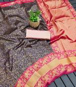 Blue pink silk blend jacuard work festival saree with unstitched blouse piece
