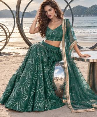 GREEN NET THREAD WITH ZARI AND SEQUINCE WORK FESTIVE LEHENGA CHOLI SET FOR WOMEN'S 4