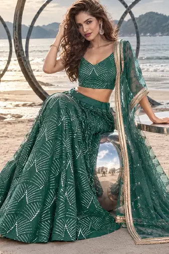 GREEN NET THREAD WITH ZARI AND SEQUINCE WORK FESTIVE LEHENGA CHOLI SET FOR WOMEN'S