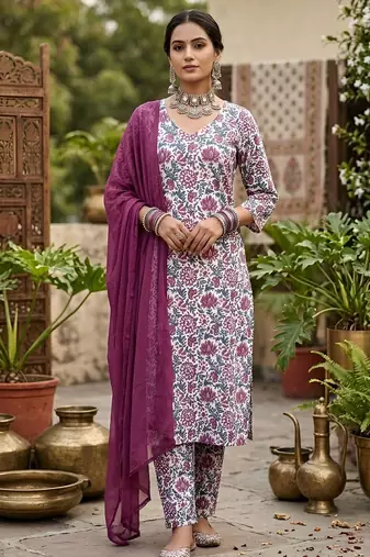 Off white floral printed straight kurta set for women