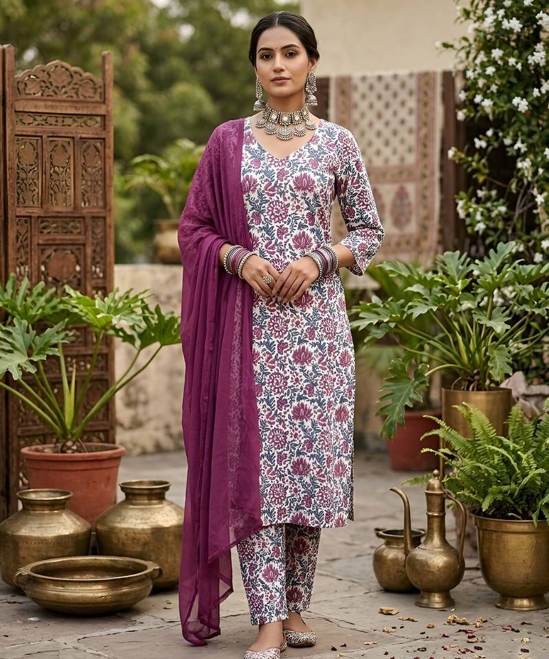 Off white floral printed straight kurta set for women