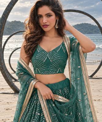 GREEN NET THREAD WITH ZARI AND SEQUINCE WORK FESTIVE LEHENGA CHOLI SET FOR WOMEN'S 5
