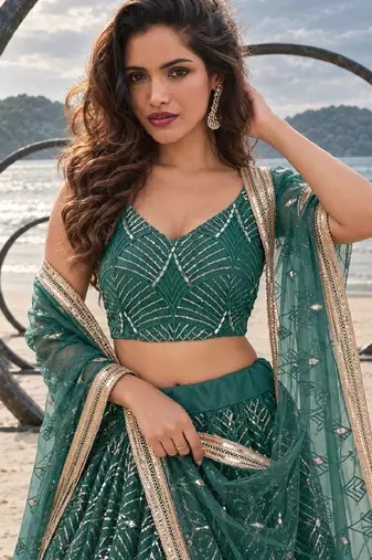 GREEN NET THREAD WITH ZARI AND SEQUINCE WORK FESTIVE LEHENGA CHOLI SET FOR WOMEN'S