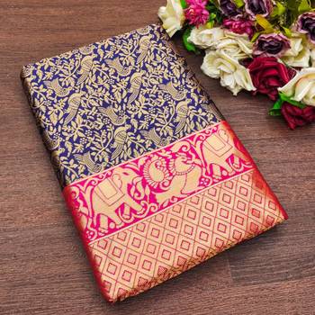 Blue pink silk blend jacuard work festival saree with unstitched blouse piece 1