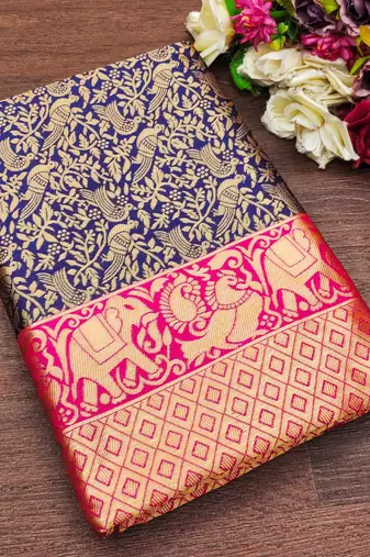 Blue pink silk blend jacuard work festival saree with unstitched blouse piece