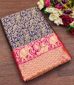 Blue pink silk blend jacuard work festival saree with unstitched blouse piece