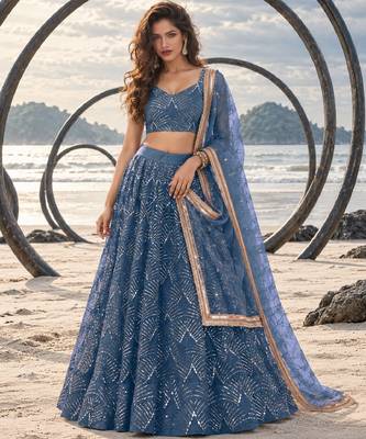 STEEL BLUE NET THREAD WITH ZARI AND SEQUINCE WORK FESTIVE LEHENGA CHOLI SET FOR WOMEN'S 1