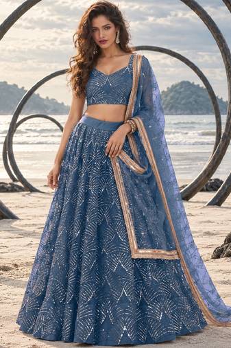 STEEL BLUE NET THREAD WITH ZARI AND SEQUINCE WORK FESTIVE LEHENGA CHOLI SET FOR WOMEN'S