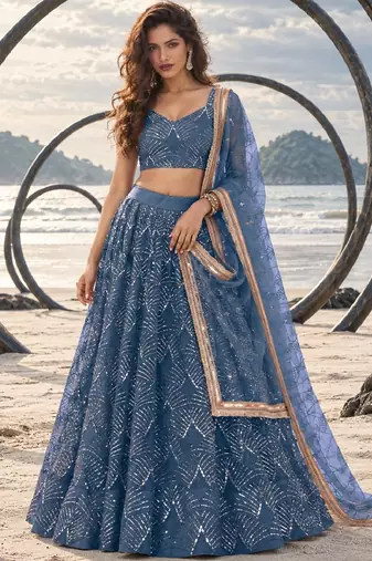STEEL BLUE NET THREAD WITH ZARI AND SEQUINCE WORK FESTIVE LEHENGA CHOLI SET FOR WOMEN'S