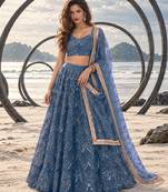 STEEL BLUE NET THREAD WITH ZARI AND SEQUINCE WORK FESTIVE LEHENGA CHOLI SET FOR WOMEN'S