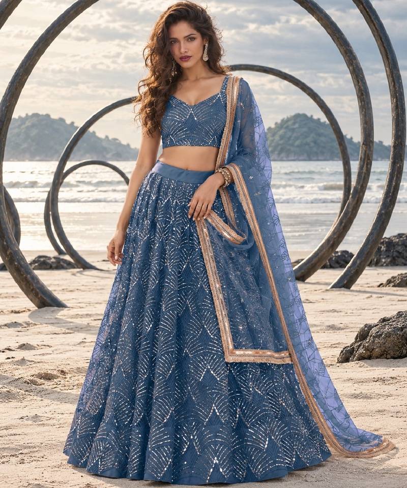 STEEL BLUE NET THREAD WITH ZARI AND SEQUINCE WORK FESTIVE LEHENGA CHOLI SET FOR WOMEN'S