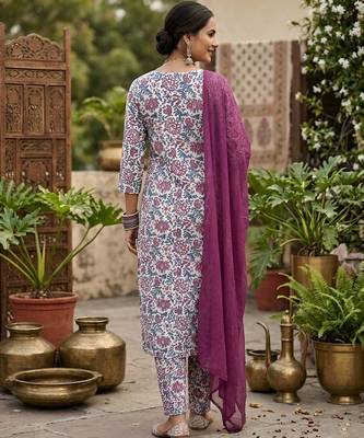 Off white floral printed straight kurta set for women 2