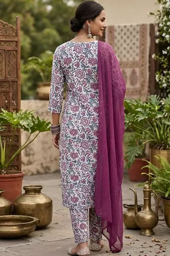 Off white floral printed straight kurta set for women