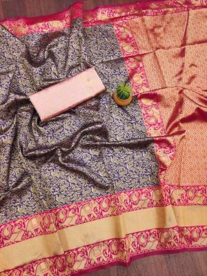 Blue pink silk blend jacuard work festival saree with unstitched blouse piece 2