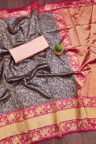 Blue pink silk blend jacuard work festival saree with unstitched blouse piece