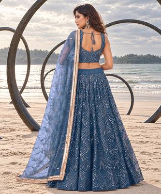 STEEL BLUE NET THREAD WITH ZARI AND SEQUINCE WORK FESTIVE LEHENGA CHOLI SET FOR WOMEN'S 2