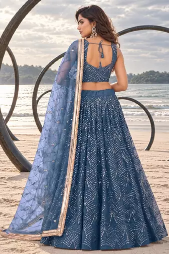 STEEL BLUE NET THREAD WITH ZARI AND SEQUINCE WORK FESTIVE LEHENGA CHOLI SET FOR WOMEN'S