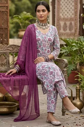 Off white floral printed straight kurta set for women