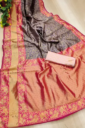 Blue pink silk blend jacuard work festival saree with unstitched blouse piece