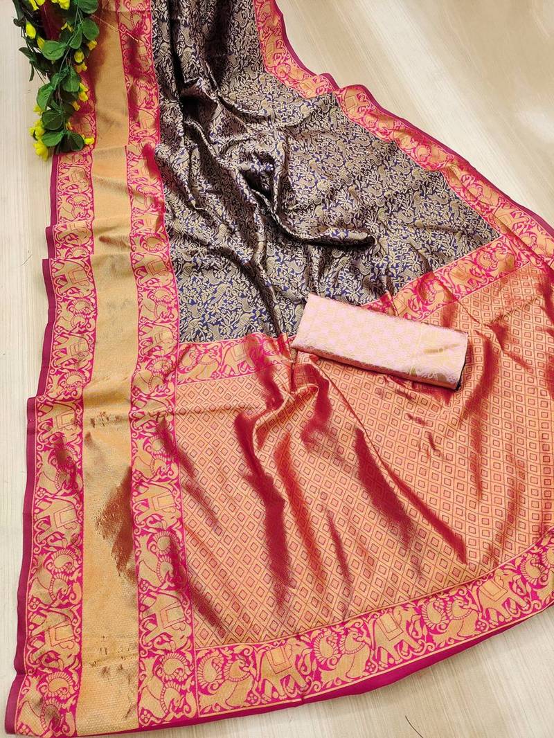 Blue pink silk blend jacuard work festival saree with unstitched blouse piece