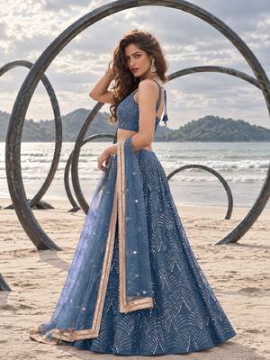 STEEL BLUE NET THREAD WITH ZARI AND SEQUINCE WORK FESTIVE LEHENGA CHOLI SET FOR WOMEN'S 3
