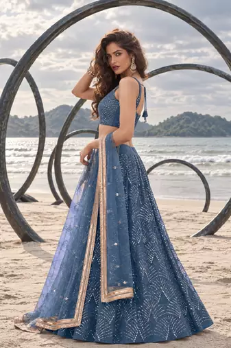 STEEL BLUE NET THREAD WITH ZARI AND SEQUINCE WORK FESTIVE LEHENGA CHOLI SET FOR WOMEN'S