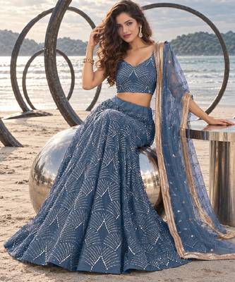 STEEL BLUE NET THREAD WITH ZARI AND SEQUINCE WORK FESTIVE LEHENGA CHOLI SET FOR WOMEN'S 4