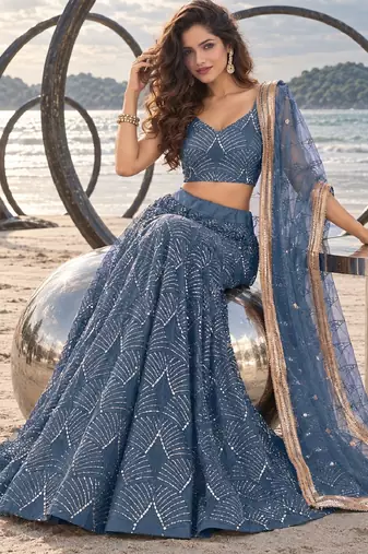 STEEL BLUE NET THREAD WITH ZARI AND SEQUINCE WORK FESTIVE LEHENGA CHOLI SET FOR WOMEN'S
